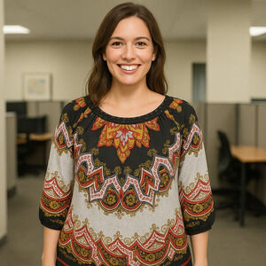 Nicole Miller Blouse Women SZ 14 Black Red Paisley Top Office Party Career Silky